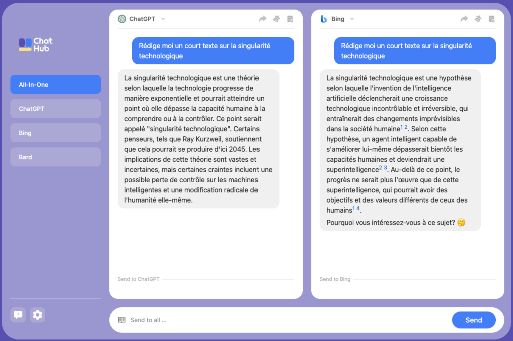 ChatHub vous permet d'utiliser ChatGPT et Bing Chat en même temps