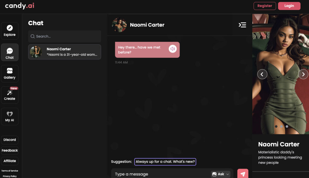 L'interface de chat avec une petite amie virtuelle