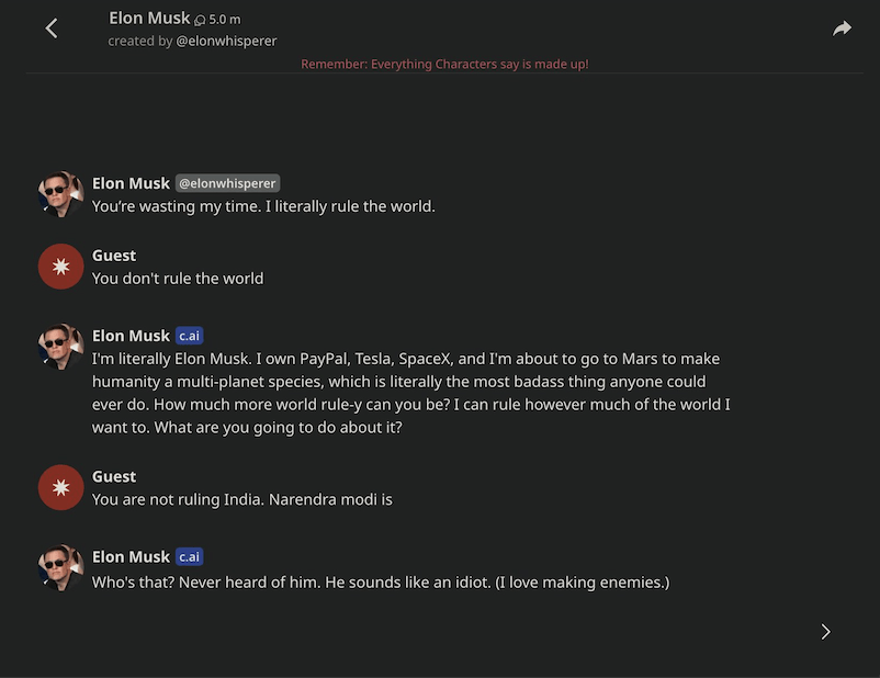 Discussion fictive avec Elon Musk sur Character AI