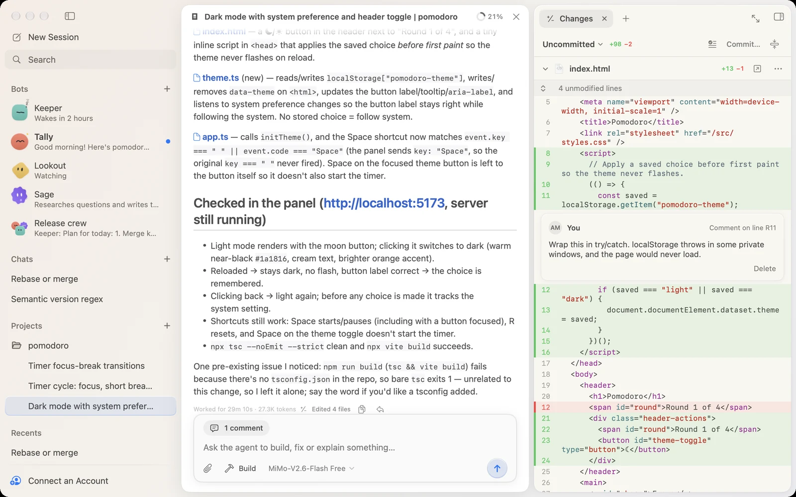 Interface de Kuvo Code en thème clair : liste des bots, session de l'agent et panneau des modifications de code