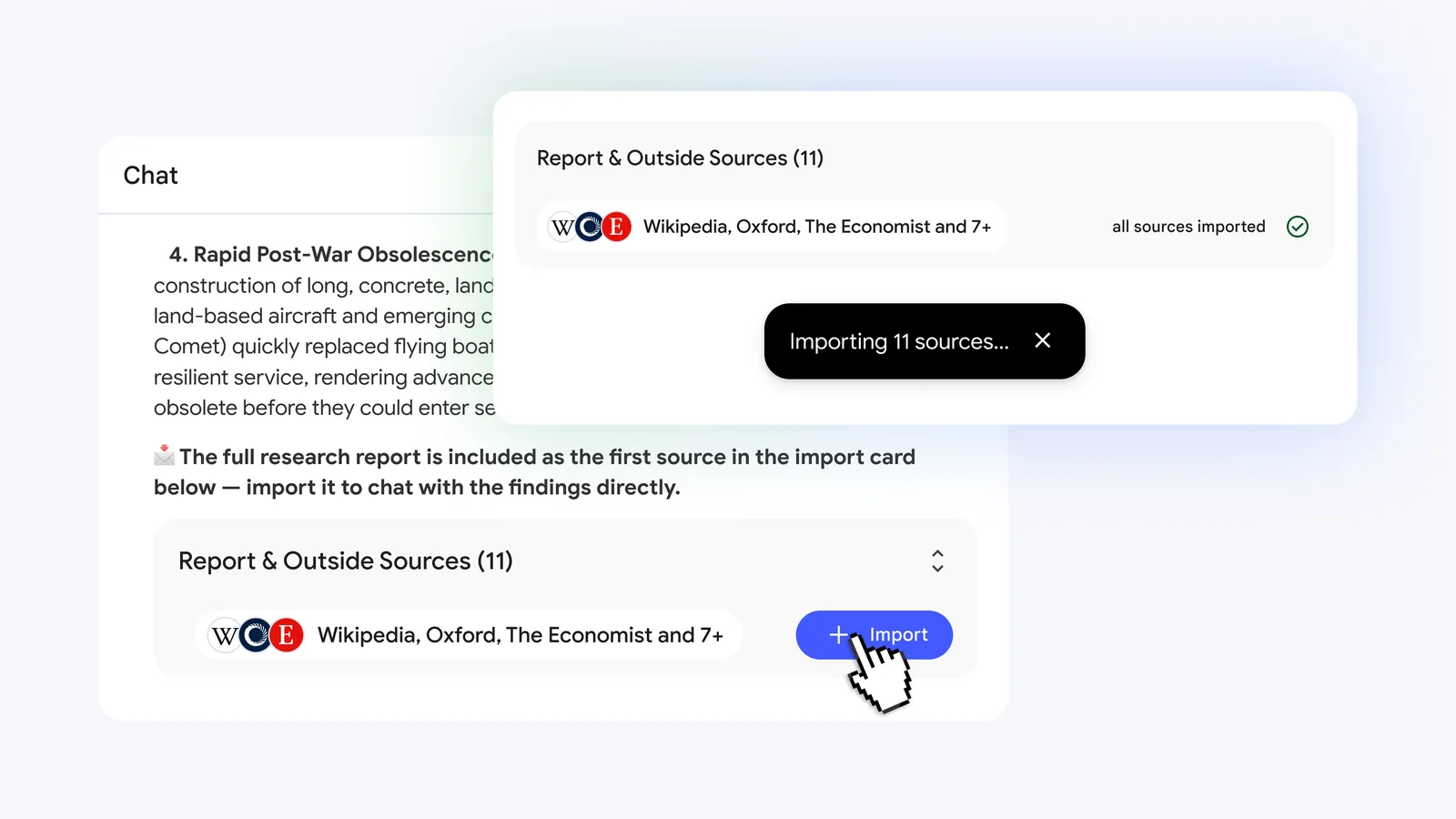Interface de Gemini Notebook montrant l'import de 11 sources externes (Wikipedia, Oxford, The Economist) depuis un rapport de recherche dans le chat