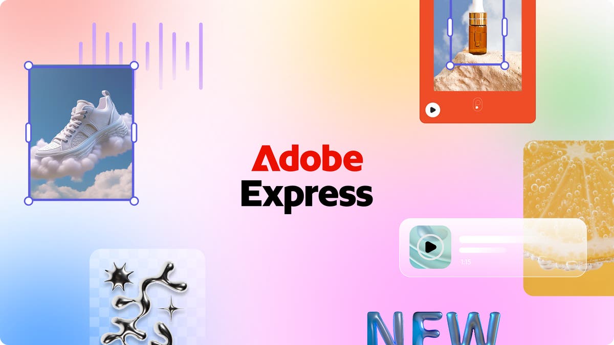 Visuel officiel d'Adobe Express avec des créations image, vidéo et texte