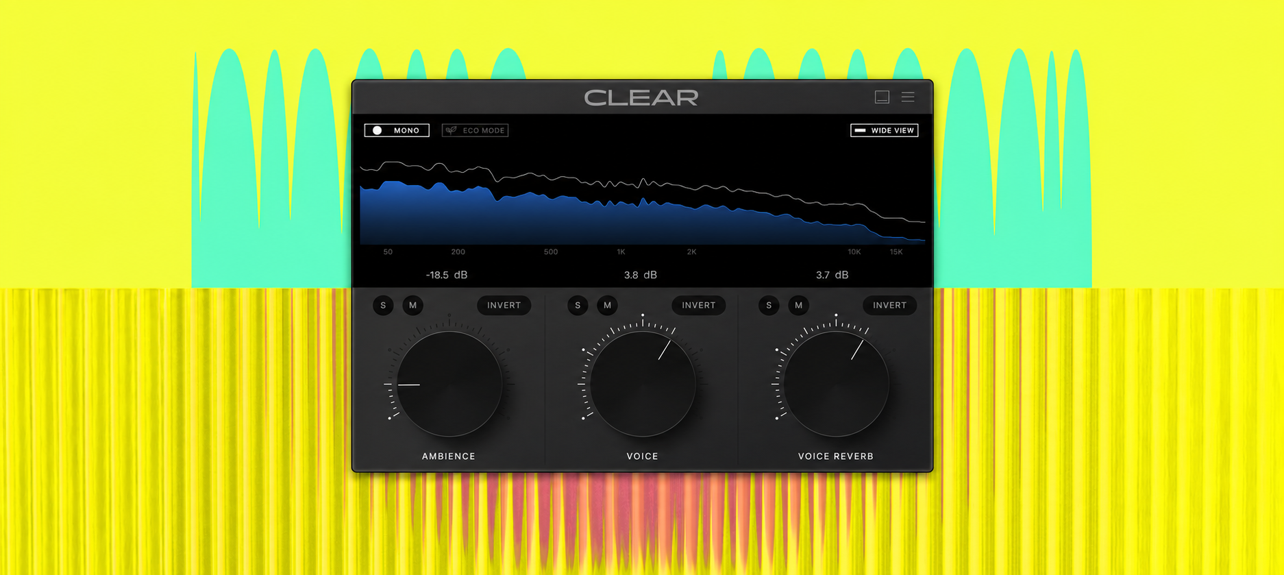 Interface du plug-in Clear d'Antinode Audio avec le visualiseur de spectre et les boutons Ambience, Voice et Voice Reverb