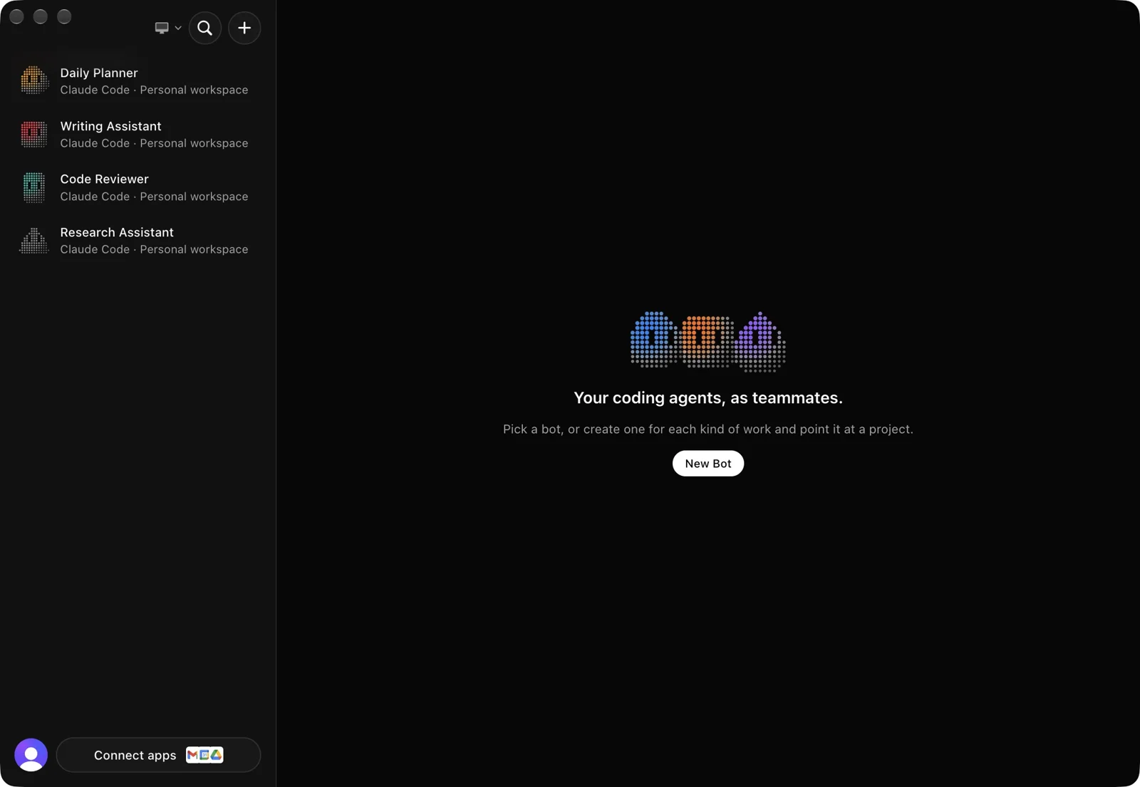 Codync sur macOS, quatre bots dans la barre latérale