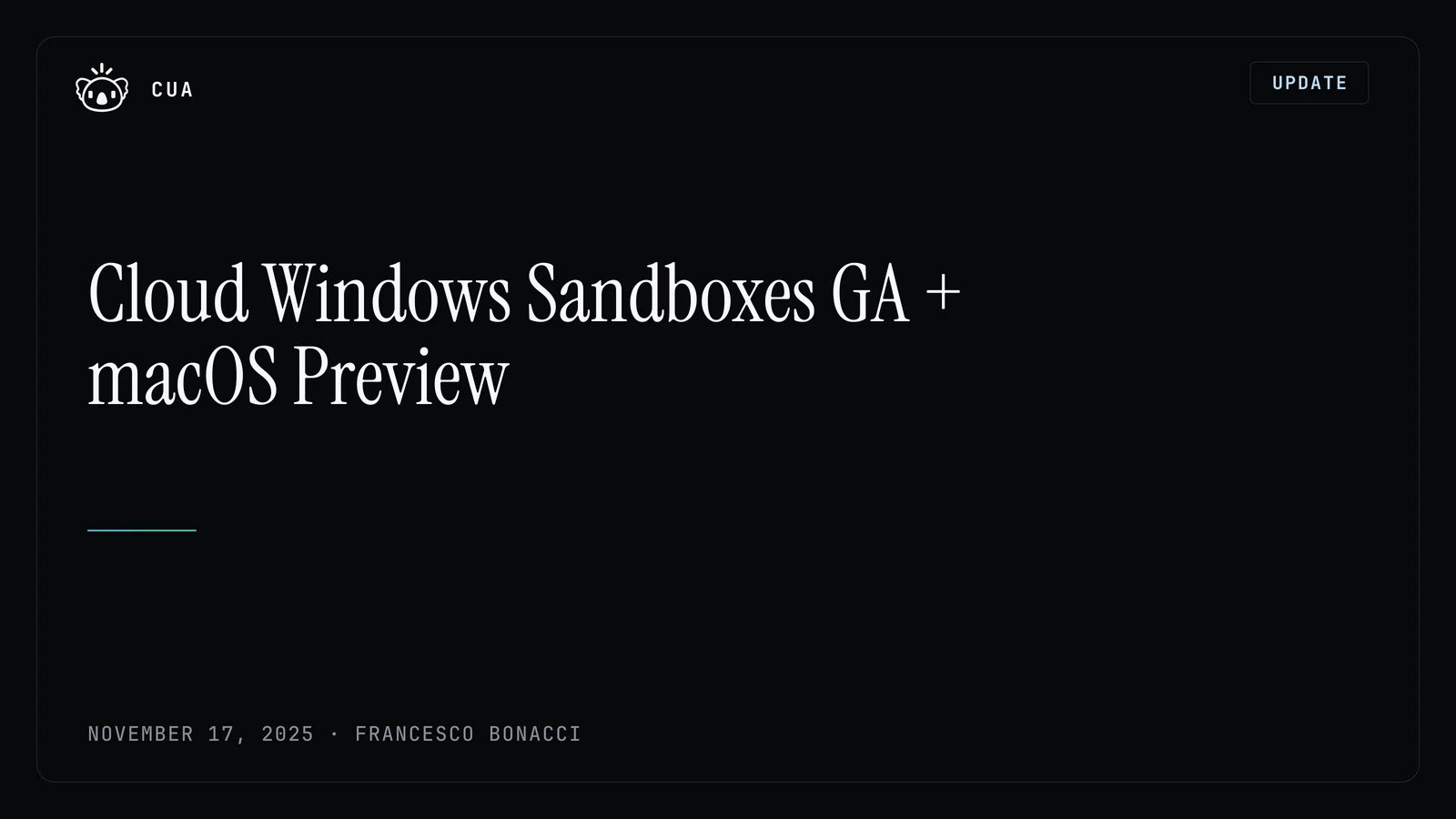 Visuel officiel de Cua annonçant les bacs à sable Windows dans le cloud et l'aperçu macOS