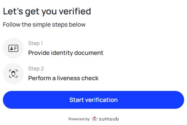Écran de vérification d'identité GoMining : pièce d'identité puis contrôle de présence, bouton Start verification