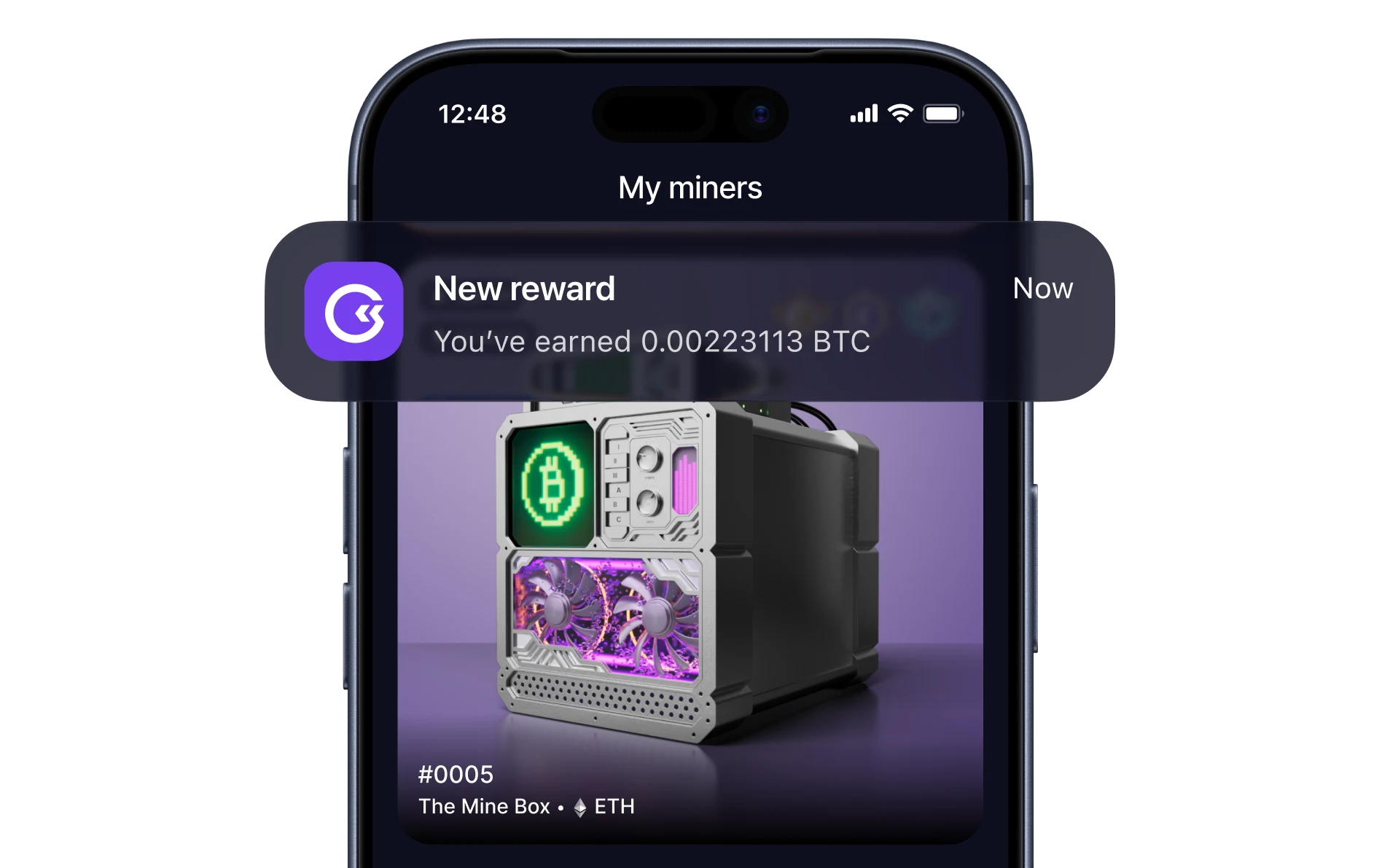 Écran GoMining Mes mineurs avec une notification de récompense en BTC
