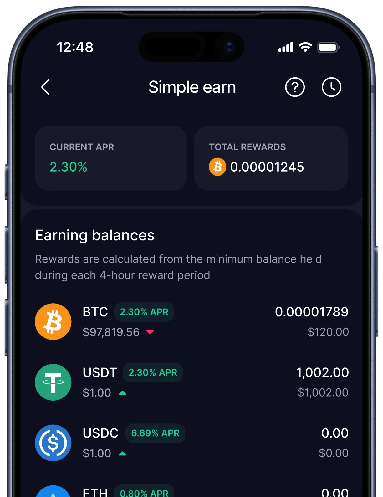 Écran Simple Earn de GoMining avec les soldes BTC, USDT et USDC