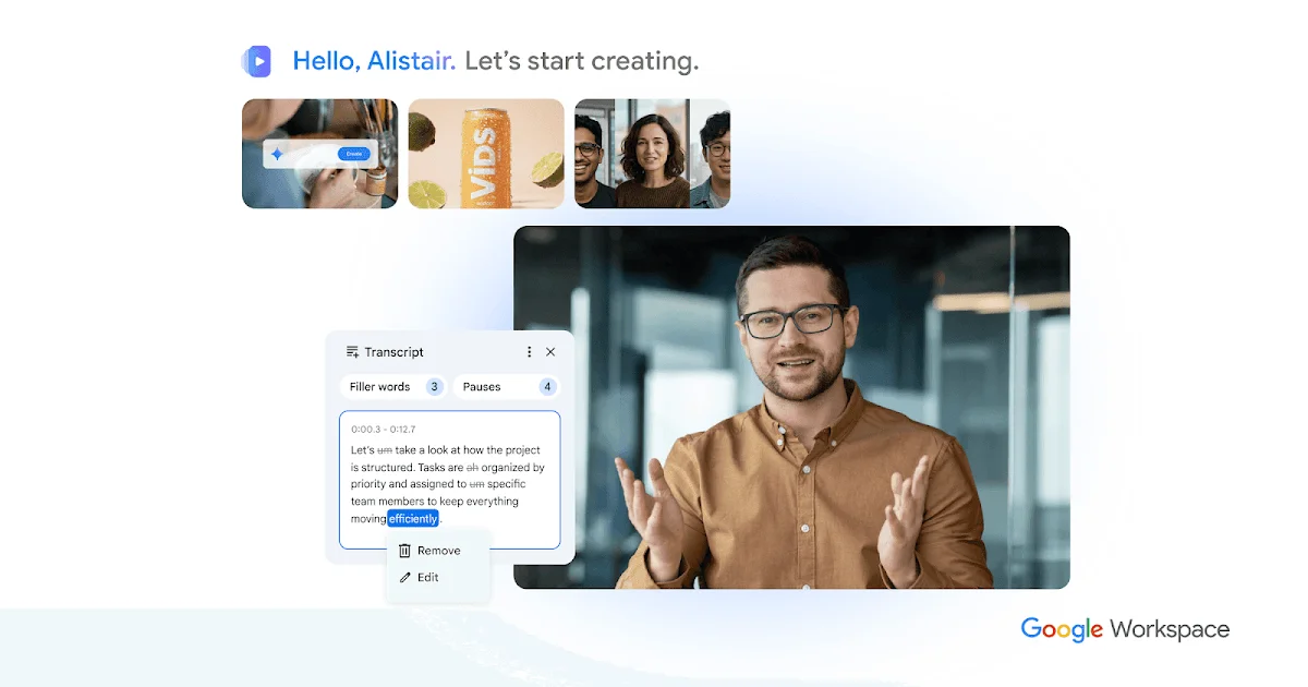 Interface de Google Vids avec un avatar et le panneau de création