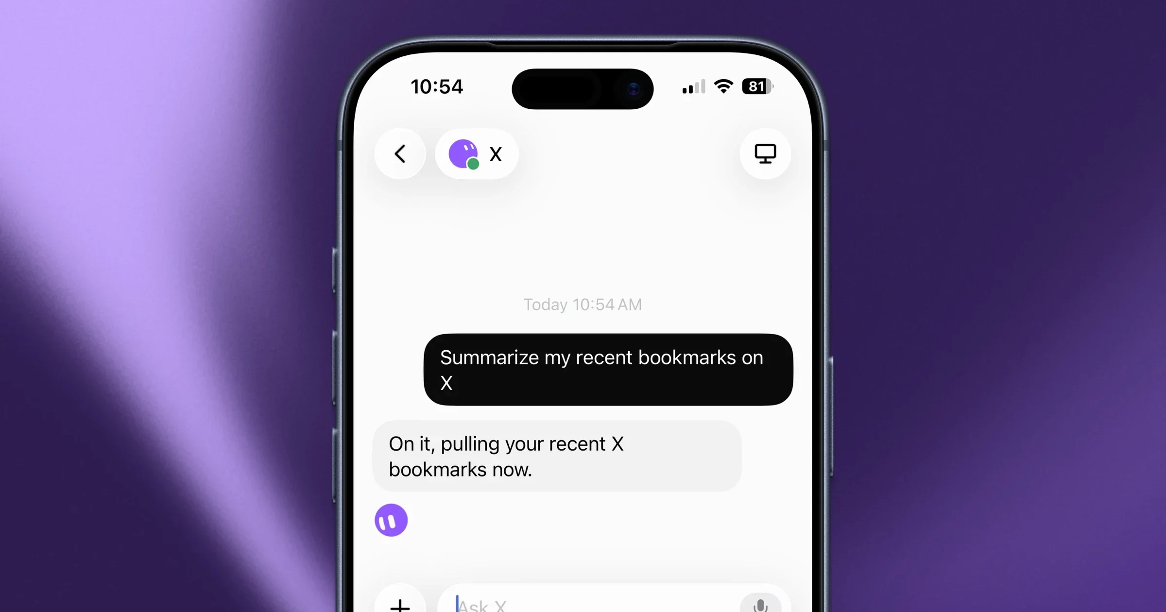 Capture officielle de Grok Bot sur mobile : demande de résumé des favoris X