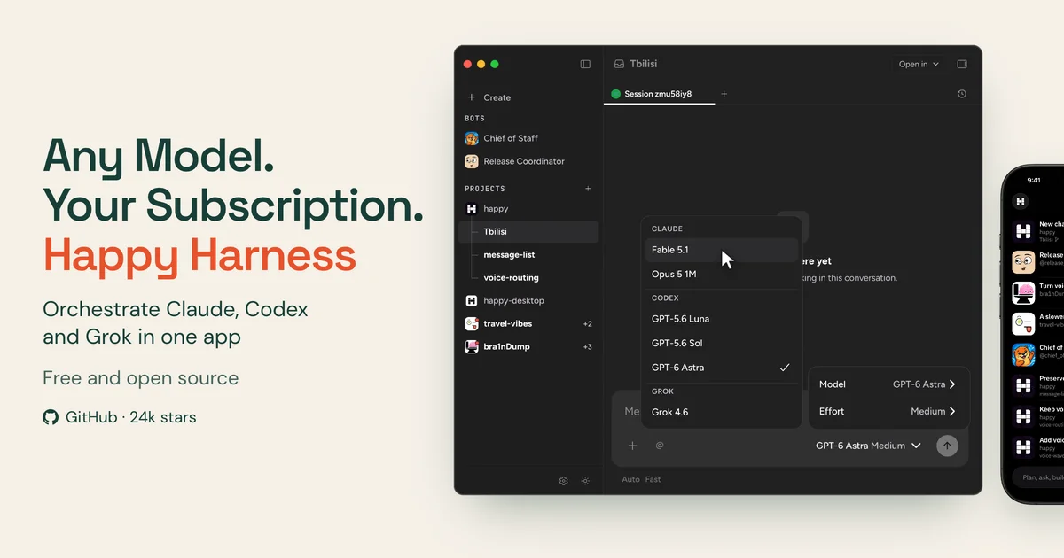 Happy Harness, application desktop et mobile pour Claude, Codex et Grok