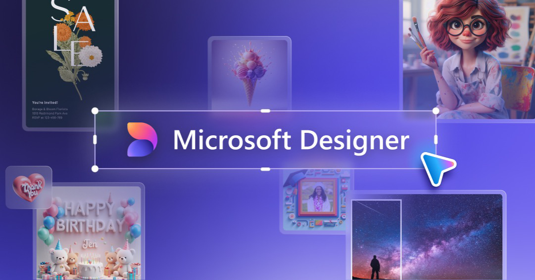 Visuel officiel de Microsoft Designer avec des cartes, invitations et images créées par IA