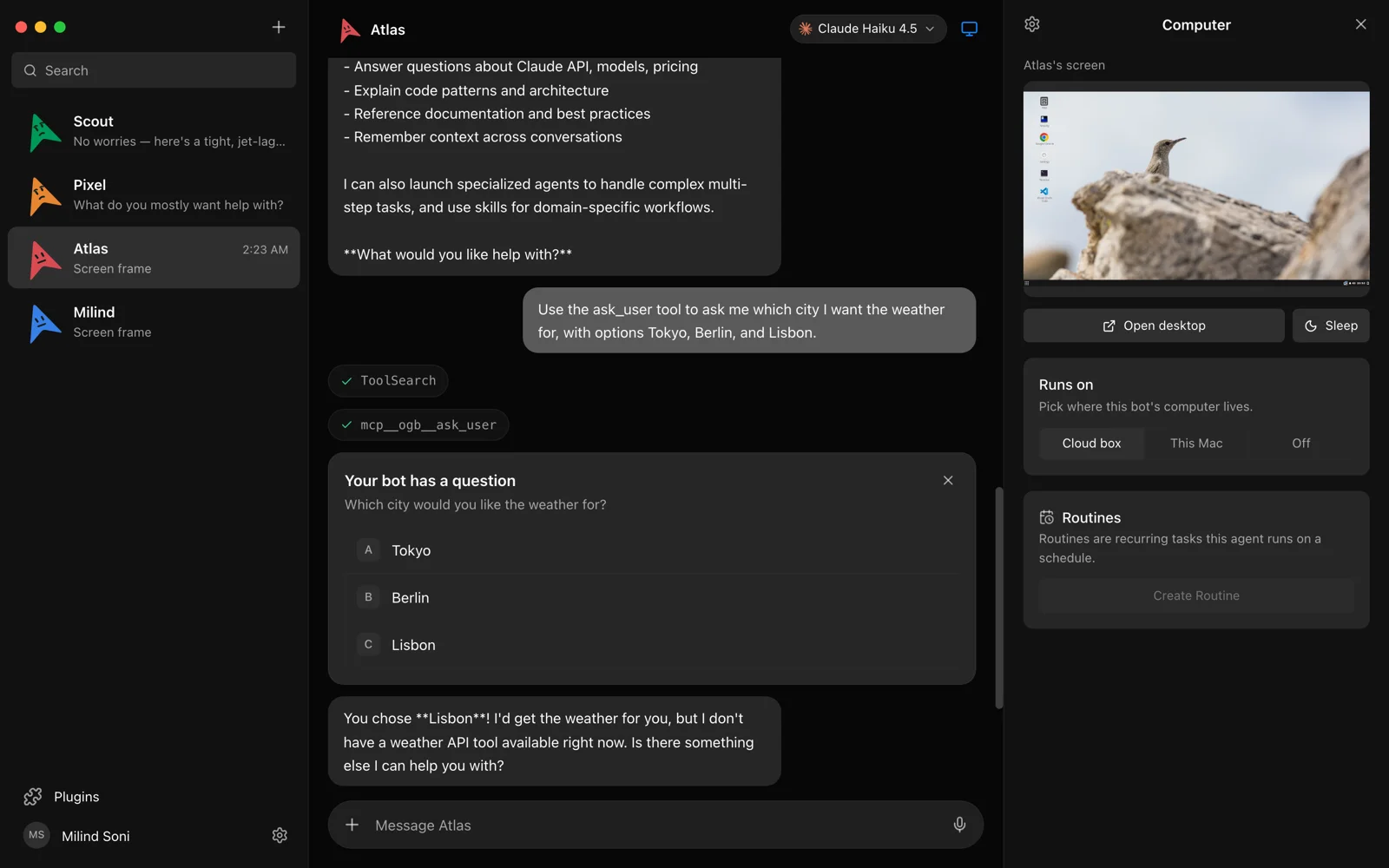 OpenMausBot, panneau Computer avec aperçu en direct du bureau cloud du bot