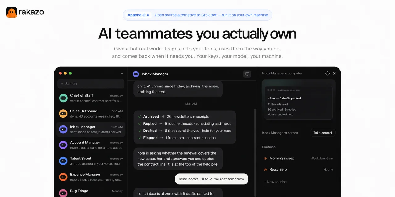 Rakazo, liste de bots et conversation avec un bot