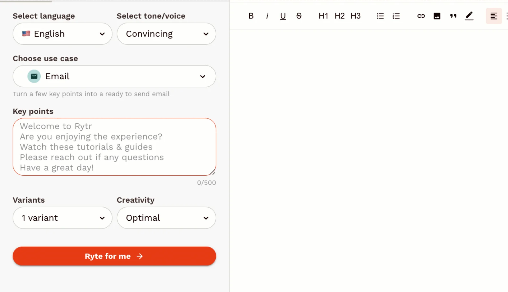 Interface de Rytr : panneau gauche avec langue (English), ton (Convincing), cas d’usage Email, points clés, variantes et créativité, bouton orange « Ryte for me » ; à droite l’éditeur de document vide avec barre de formatage.