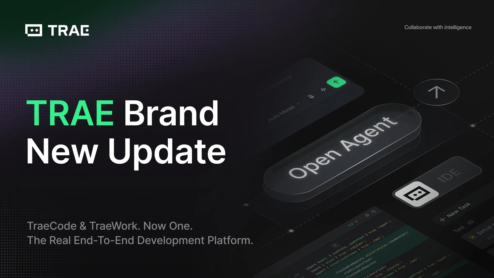 Visuel officiel annonçant le nouveau TRAE, qui réunit TraeCode et TraeWork
