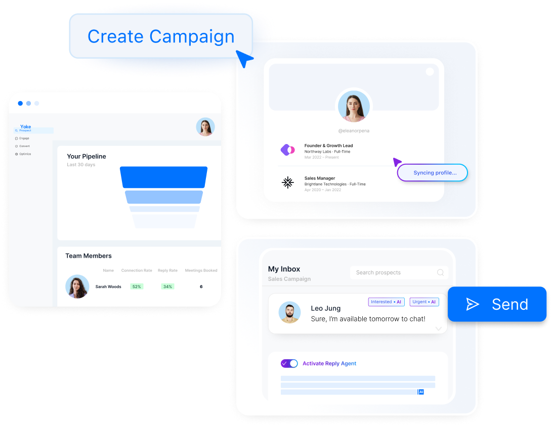 Interface de Yoke : tableau du pipeline de prospection, synchronisation du profil LinkedIn et boîte de réception avec le Reply Agent activé